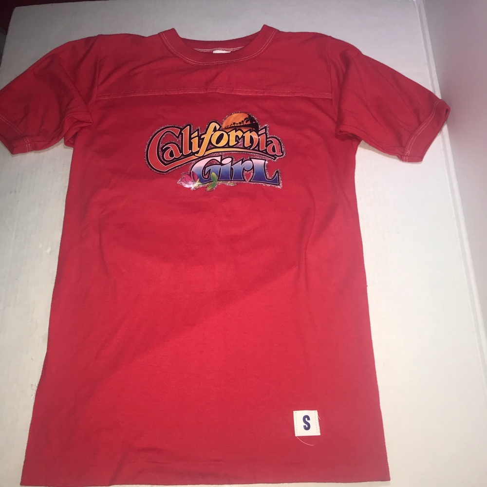 Vtg Heat Transfer Glitter Vinyl Red Modesto California Girl T-shirt Sz S 70s-80s
